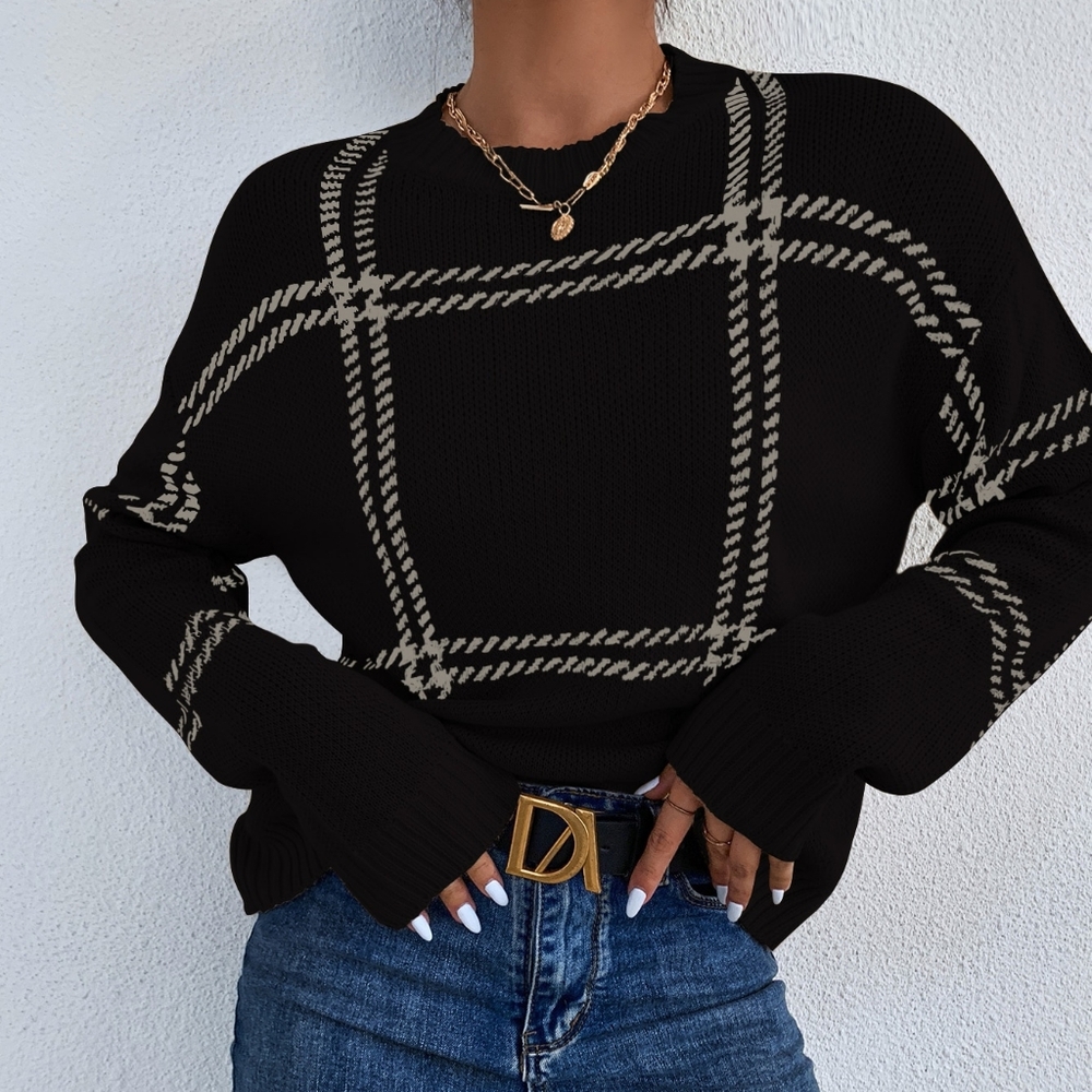 Plaid Pattern Drop Shoulder Sweater - Picture 1 of 4